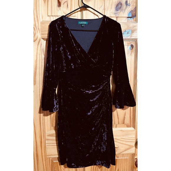 Lauren Ralph Lauren Dress Sz 6 Crushed Purple Velvet Bell Sleeve Mock Wrap Y2K